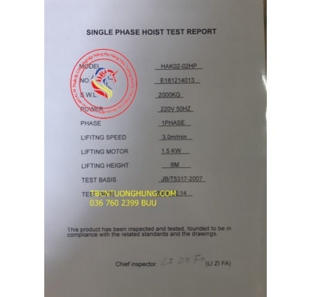 PALANG XÍCH ĐIỆN HAK 2 TẤN 2000KG 220V